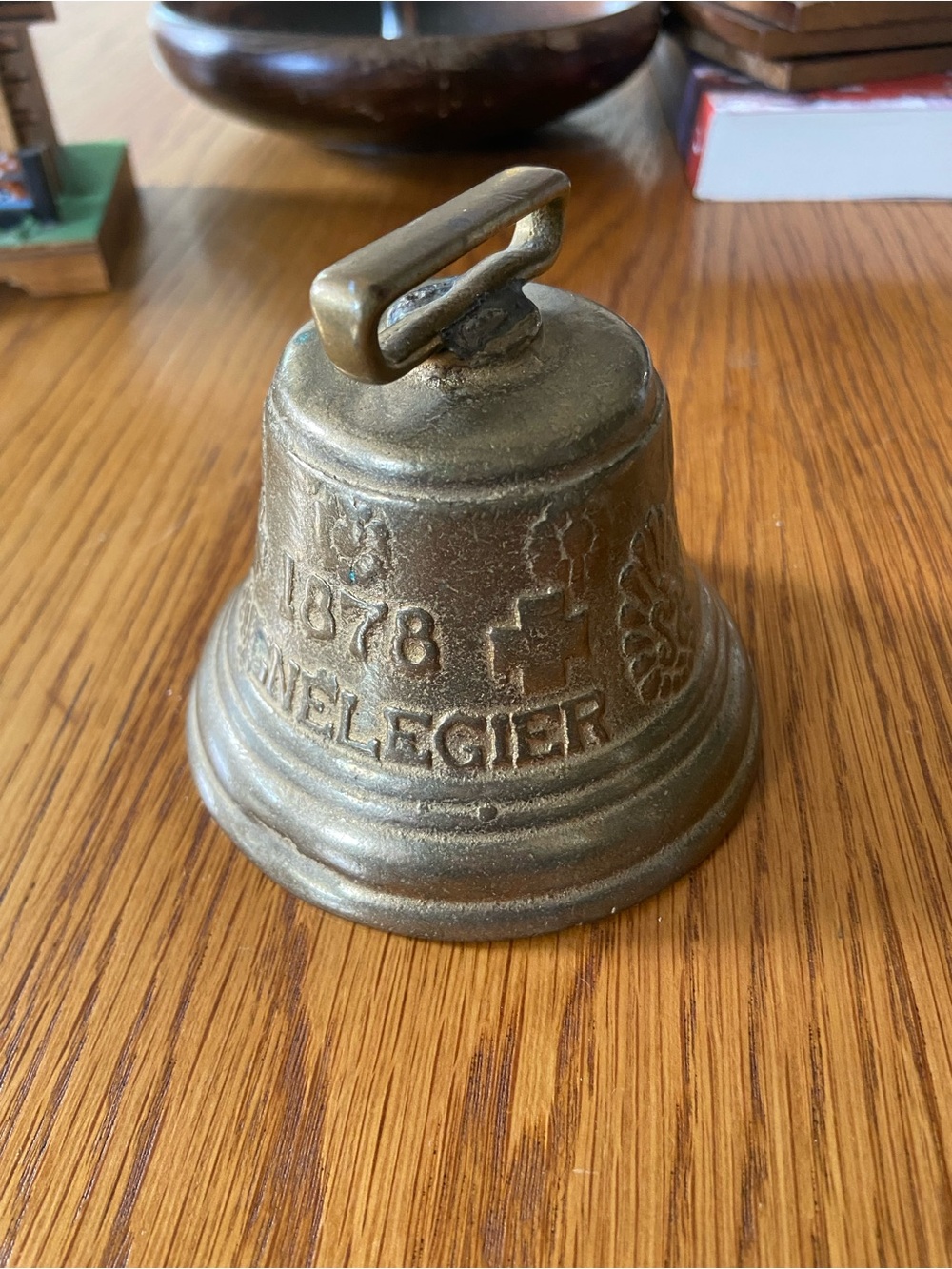 Antique Brass Swiss Livestock Bell with Embossed Lettering